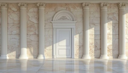 Obraz premium Classic white door framed by ornate wall moldings in a warm-toned room refined and timeless design ideal for modern or traditional interior themes