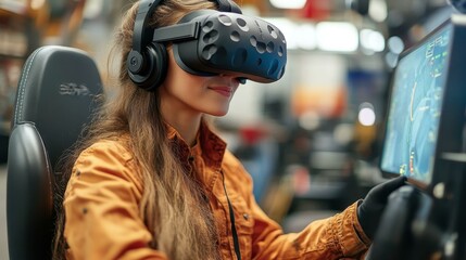 VR Gaming. Woman wearing orange jacket using virtual reality headset p