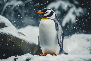 Obraz premium A penguin standing on a rock in the snow