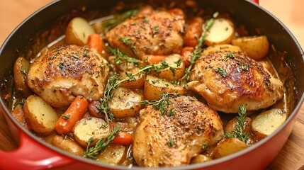 Chicken stew with potatoes and carrots garnished with herbs in a red saucepan