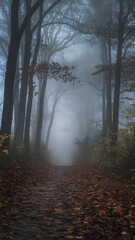 Naklejka premium A misty forest path lined with tall trees, creating a serene and mysterious atmosphere. The ground is covered with fallen leaves, and the fog adds depth to the scene.