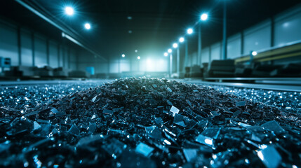 A view of crushed solar panel glass sparkling under bright facility lights, ready for repurposing into new construction materials