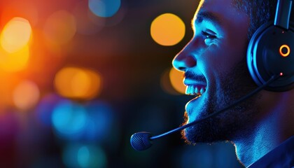 Friendly customer service representative in a headset bright and engaging visual representing excellence in client assistance and tech support