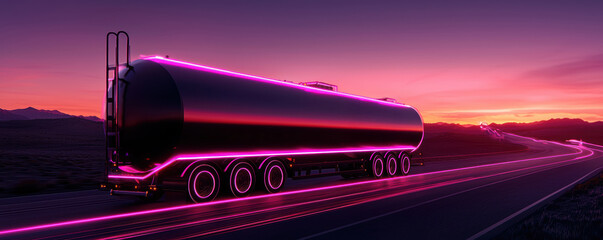 Futuristic tanker truck speeding down a highway with glowing motion trails dynamic imagery symbolizing power efficiency and fast logistics