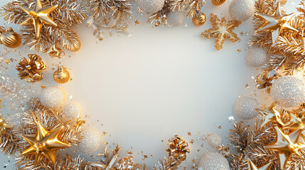 A festive arrangement of gold and silver ornaments, featuring stars, baubles, and tinsel, creating a cheerful holiday frame.