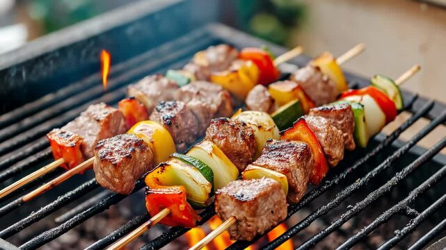 Juicy and tender meat kebabs grilling to perfection