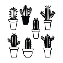 a collection of nine cactus plants in small pots