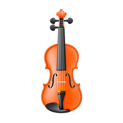 Bright orange violin displayed with polished finish, showcasing intricate woodwork and design details