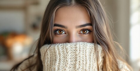 Cozy Portrait of a Young Woman in a Cream Knit Sweater with Beautiful Brown Eyes