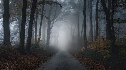 Naklejka premium A misty forest path lined with tall trees, creating a serene and mysterious atmosphere. The ground is covered with fallen leaves, and the fog adds depth to the scene.