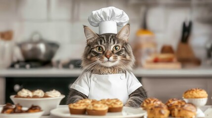Naklejka premium Culinary adventure cat chef prepares delicious treats in cozy kitchen environment