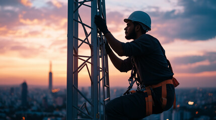 Fototapeta premium An engineer climbs a telecom tower ladder while the city skyline glows beneath the soft hues of the setting sun