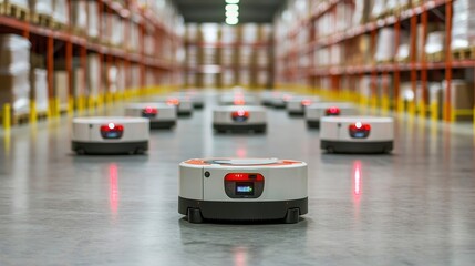 Automated robots in a modern warehouse, AI managing warehouse robotics for real-time inventory tracking and order fulfillment.