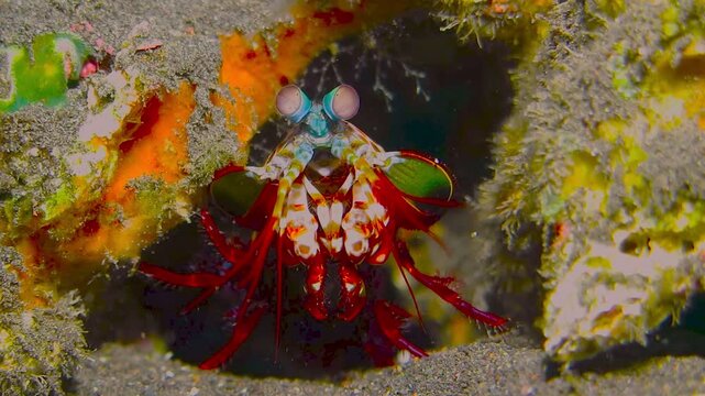 Red peacock mantis shrimp (Odontodactylus scyllarus) hiding on the coral reef. Underwater macro video, detail of aquatic animal. Colorful marine life. Shrimp on the reef.