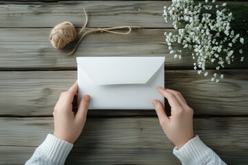 Woman holding white envelope for valentine's day with flowers and rustic twine on wooden table