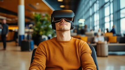 Man seated in modern airport lounge, wearing a VR headset, experiencing advanced technology in a relaxed setting with sunlight streaming through large windows.