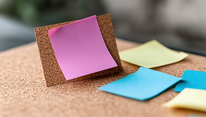 A collection of colorful sticky notes arranged on a corkboard, featuring a prominent pink note in the foreground, conveying a sense of organization and creativity.