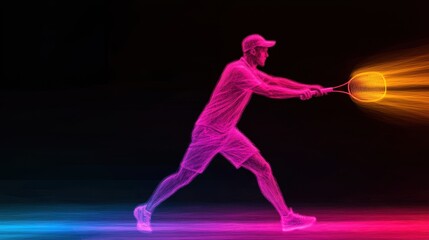Obraz premium Dynamic tennis player action indoor court digital art vibrant colors low angle athletic motion