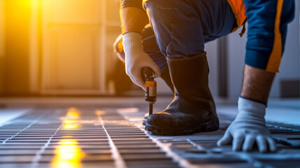 A plumber wearing knee pads carefully clips underfloor heating pipes into place on a foam insulation board, illuminated by soft natural light