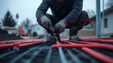 A construction scene with a plumber aligning bright red heating pipes, the grid system reflecting a well-organized installation process