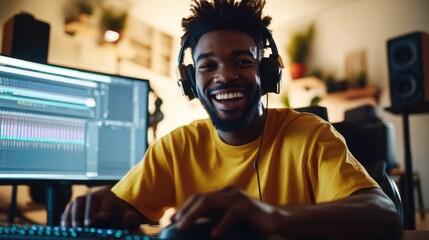 A joyful gamer, donned in headphones, delights in a vibrant gaming session, surrounded by multiple screens and high-tech audio equipment in a warmly lit room.