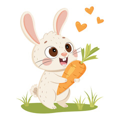 Cute rabbit holding carrot. Hand drawn flat style. Animal Food, love carrot bunny Icon. Pet character isolated Vector Illustration.