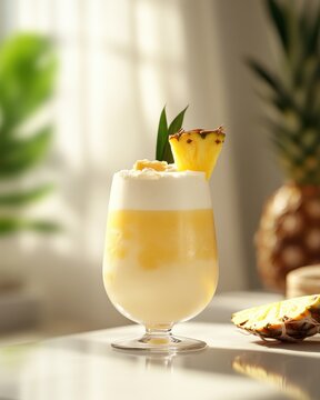 A delicious, creamy pineapple drink with a fresh slice on top, placed on a bright table under natural sunlight, capturing a summery and tropical essence.