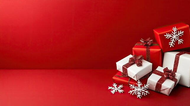 Celebrate the magic of the holiday season with festive red backgrounds adorned with snowflakes and gift boxes