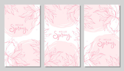 Set of spring abstract background with hand drawn flowers. Spring lettering.  Vector illustration for card, banner, invitation, poster, cover, sale.