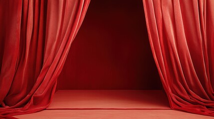 This image features dark red curtains drawn aside to reveal an empty stage, offering a sense of anticipation and mystery, enhanced by rich textures.