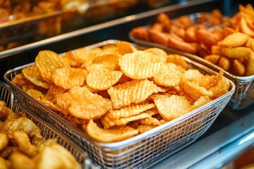Crispy golden potato chips displayed in a wire basket, perfect for snacking and sharing.