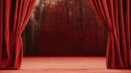 This image shows red theater curtains drawn partly open, revealing a blurred forest backdrop with warm colors, creating an inviting and dramatic stage setting.