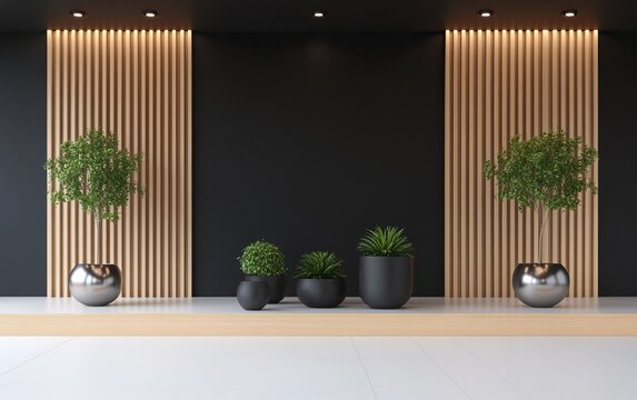 A modern interior featuring wooden slats and stylish plant pots against a sleek black wall, creating a contemporary aesthetic.