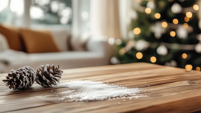 A living room featuring a wooden table sprinkled with fake snow and pine cones, with muted colors and a beautifully lit Christmas tree in soft focus. - Powered by Adobe