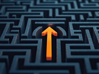 A vibrant orange arrow points upward in a dark, intricate maze, symbolizing direction and guidance through challenges.