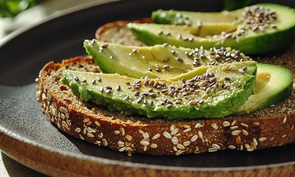 Slices of avocado on multigrain toast with chia seeds.