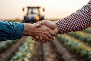 Two farmers greet each other with a handshake, standing in a lush green field, with a tractor visible in the background, symbolizing cooperation and agriculture partnership.