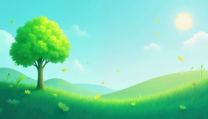 Serene Green Hills Landscape with Tree and Flowers, Idyllic Spring Day Scene