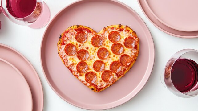 Celebrate love with heart-shaped pepperoni pizza and red wine in an elegant kawaii style table setting for Valentine's Day - Powered by Adobe