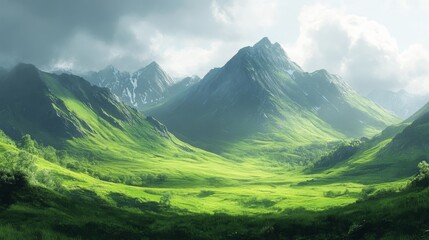 Fototapeta premium Lush Green Valley Surrounded by Majestic Mountains Under a Cloudy Sky