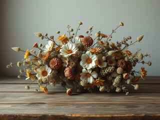 Vintage botanical illustrations of dried flowers and foliage on a worn wooden desk,  textures,  botanical specimens,  muted colors,  vintage elegance