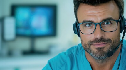 Engaging customer service representative in a modern call center setting with advanced technology support