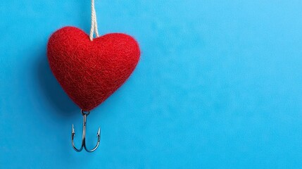 Unique red felt heart on a fishing hook against a vibrant blue background for Valentine's Day inspiration and creativity