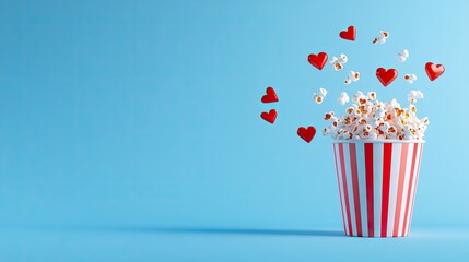 Celebrate love with a charming popcorn bucket and heart confetti against a vibrant blue backdrop