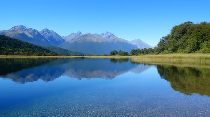 Obraz premium Reflecting mountains and clear lake under bright blue sky in New Zealand's scenic landscape