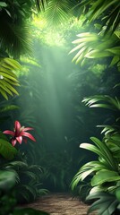 A picturesque pathway through a tropical rainforest, lined with bright green leaves and vibrant red flowers, encapsulating mystery and adventure in nature.