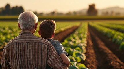 An elderly man and a young boy share a warm embrace as they stand at the edge of a sprawling farmland, surrounded by lush green crops under a golden sunset sky.