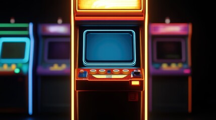 A colorful arcade machine illuminated by vivid neon lights in a dim setting, showcasing a classic gaming interface and evoking a sense of nostalgia and fun.