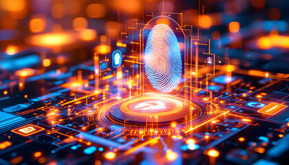 A futuristic digital security interface showcasing a fingerprint scanner, lock icons, and a global map overlay
