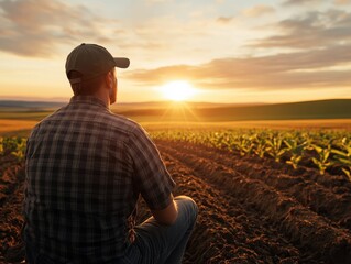 Kneeling in the fertile soil of his field, a farmer contemplates the coming day as the sun rises, expressing humility, hope, and the connection with the earth.